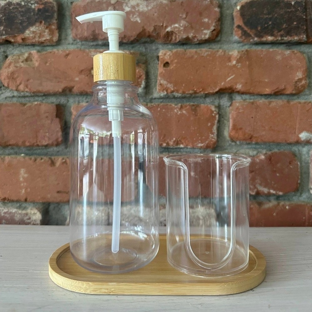 Bathroom Mouthwash Dispenser Set with Bamboo Tray